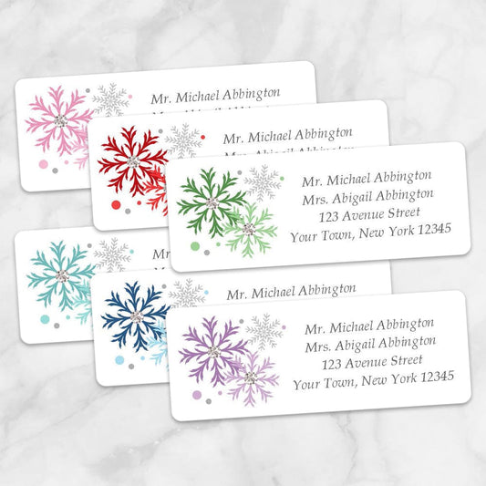 Printable Winter Colorful Snowflake Address Labels at Printable Planning. Example of each label. 6 different colors.