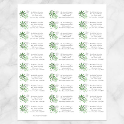 Printable Winter Green Gray Snowflake Address Labels at Printable Planning. Sheet of 30 labels.