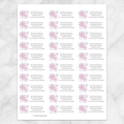 Printable Winter Pink Gray Snowflake Address Labels at Printable Planning. Sheet of 30 labels.
