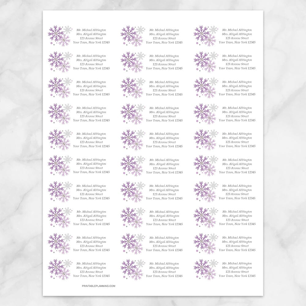 Printable Winter Purple Gray Snowflake Address Labels at Printable Planning. Sheet of 30 labels.