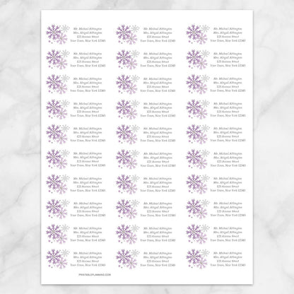 Printable Winter Purple Gray Snowflake Address Labels at Printable Planning. Sheet of 30 labels.