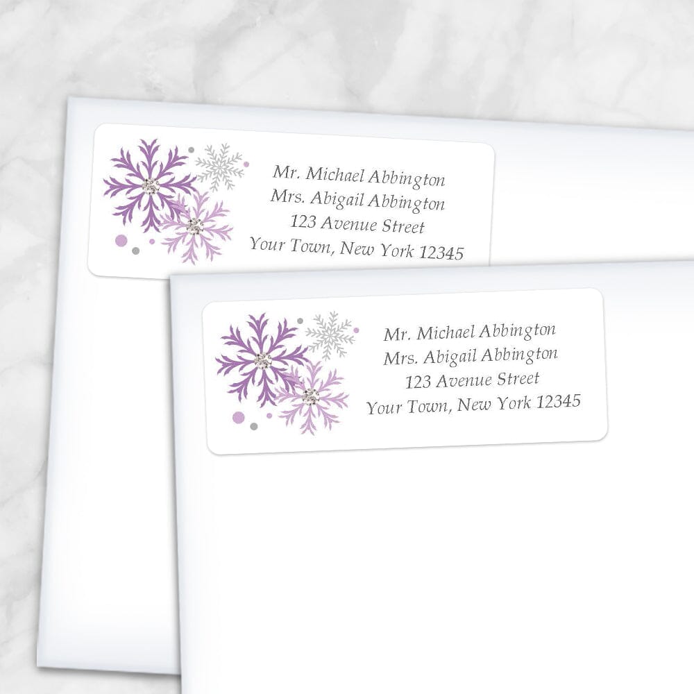 Printable Winter Purple Gray Snowflake Address Labels at Printable Planning. Shown on envelopes.