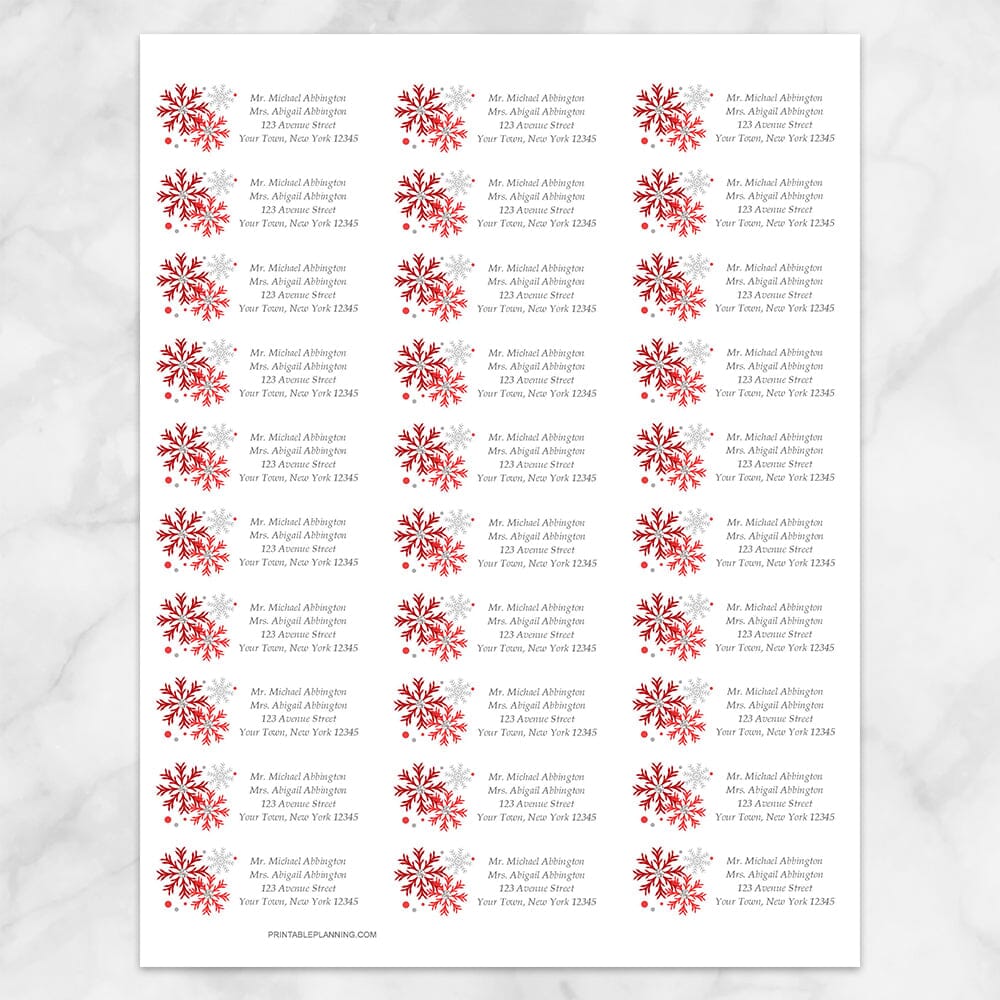 Printable Winter Red Gray Snowflake Address Labels at Printable Planning. Sheet of 30 labels.
