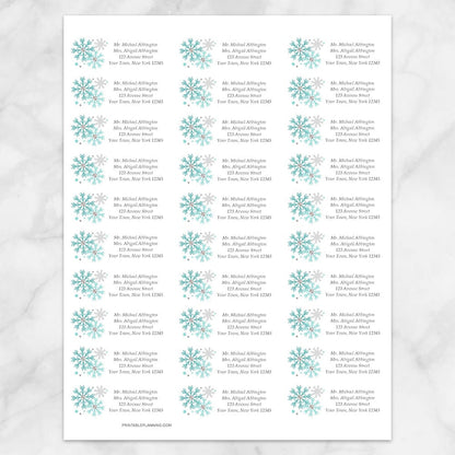 Printable Winter Turquoise Gray Snowflake Address Labels at Printable Planning. Sheet of 30 labels.