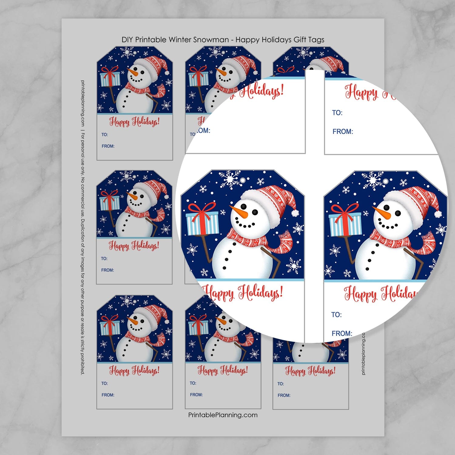 A zoomed image closeup of the Winter Snowman Happy Holidays Gift Tags.