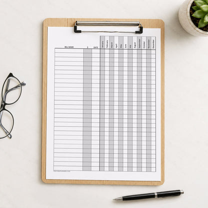 A wooden clipboard holding a printed Yearly Bill Payment Tracker with Amount Column - Printable Annual Bill Checklist on a light surface with eyeglasses, a pen, and a small potted succulent.