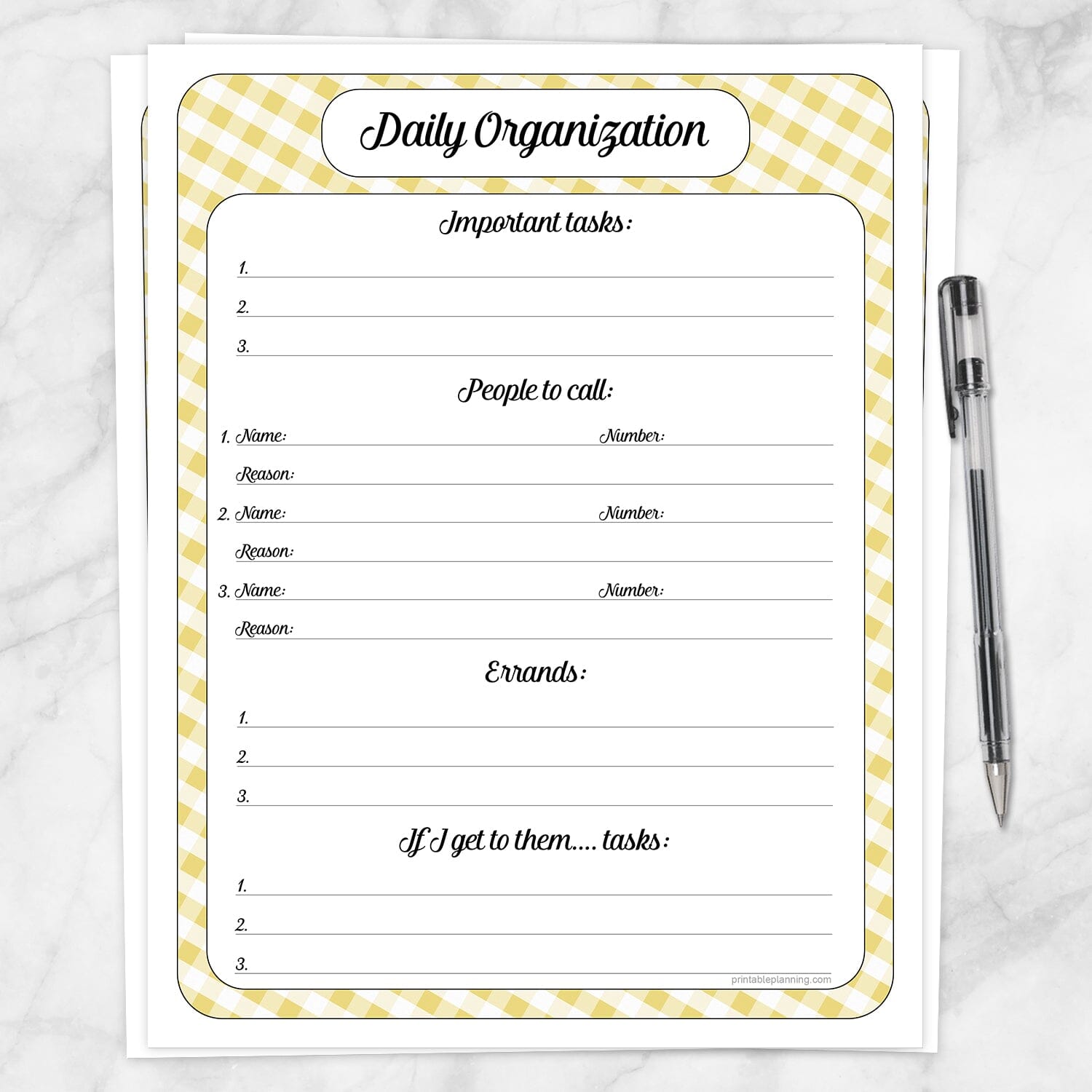 Printable Yellow Gingham Daily Organization Category Task Sheet at Printable Planning.