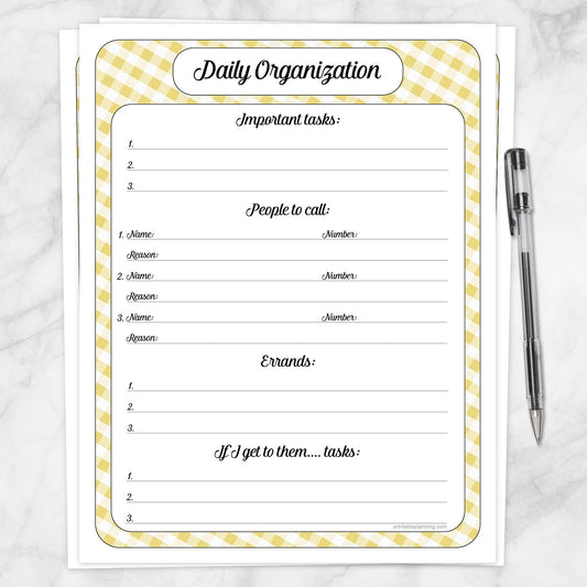 Printable Yellow Gingham Daily Organization Category Task Sheet at Printable Planning.