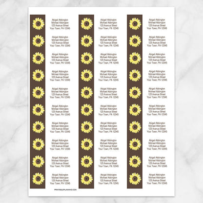 Printable Yellow Sunflower on Brown Address Labels at Printable Planning. Sheet of 30 labels.