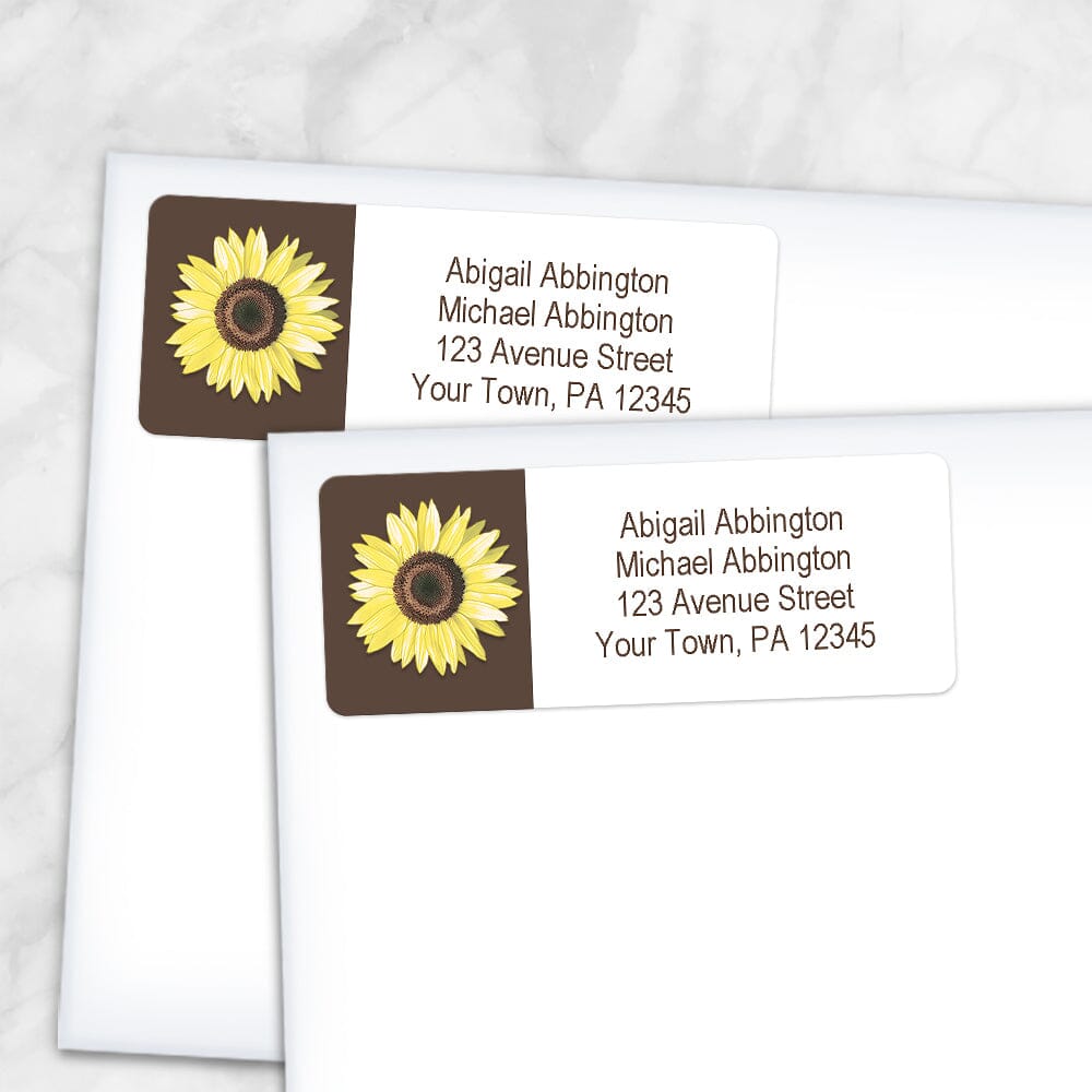 Printable Yellow Sunflower on Brown Address Labels at Printable Planning. Shown on envelopes. 