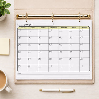 A printed Undated Monthly Calendar - Yellow Full-Page Planner (printable) page shown with example writing in a beige binder on a desk with a plant, sticky notes, coffee, and a pen.
