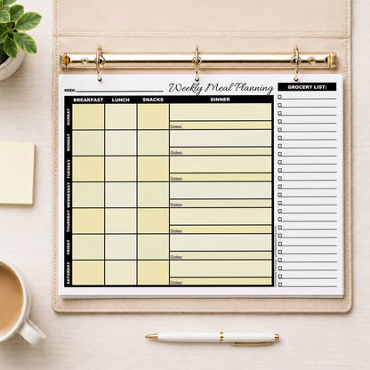 A printed Yellow Weekly Meal Planner with Grocery List (printable page) shown in a beige binder on a table with a plant, sticky notes, coffee, and a pen.