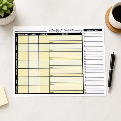 A printed Yellow Weekly Meal Planner with Grocery List (printable page) shown on a table with a plant, sticky notes, coffee, and a pen.