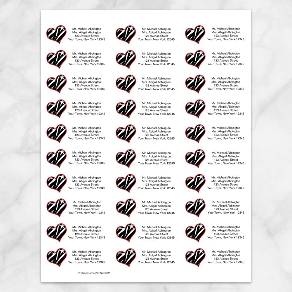 Printable Zebra Print Heart Address Labels at Printable Planning. Sheet of 30 labels.