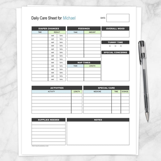 Printable Personalized Baby Log, Daily Infant Care Sheet, Blue and Green at Printable Planning