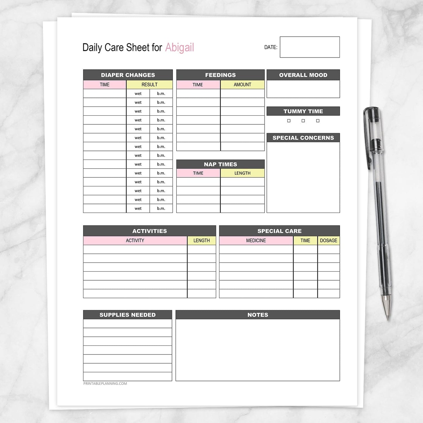 Printable Personalized Baby Log, Daily Infant Care Sheet, Pink Yellow at Printable Planning