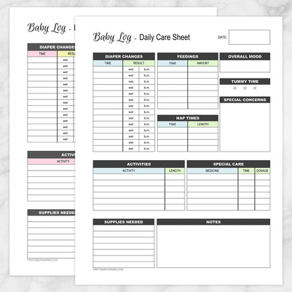 Printable Baby Log - Daily Infant Care Sheet - 2 page BUNDLE at Printable Planning