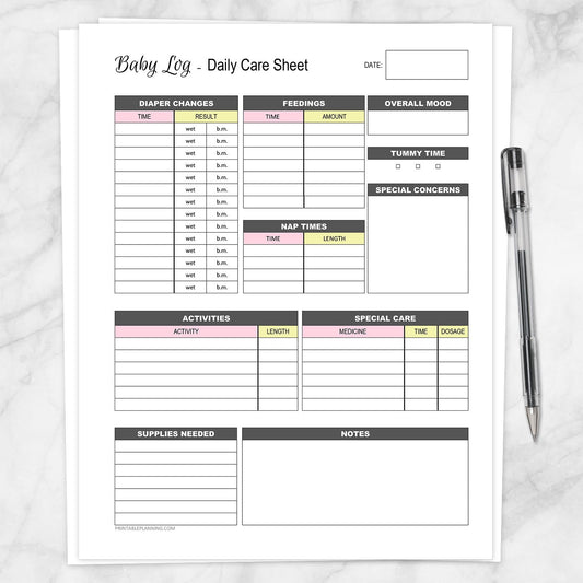 Printable Baby Log - Daily Infant Care Sheet - Pink and Yellow at Printable Planning