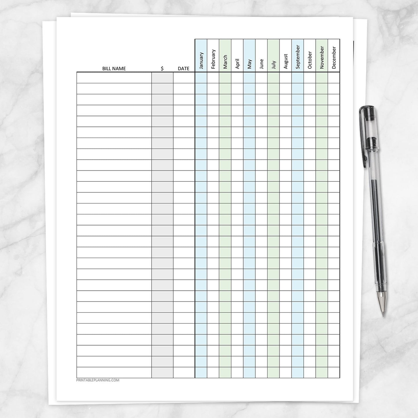 Printable Bill Payment Tracker Log with Amount Column, Blue Green, Full Year, at Printable Planning