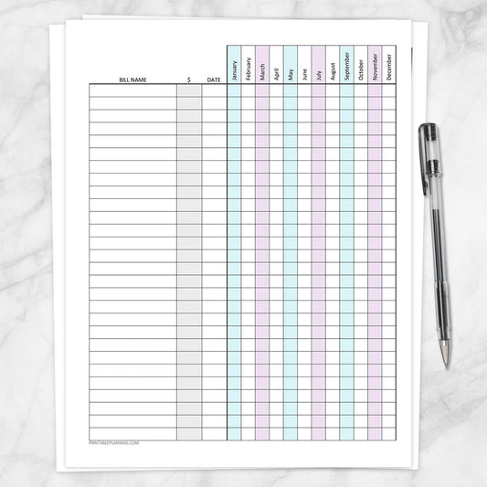 Printable Bill Payment Tracker Log with Amount Column, Turquoise Purple, Full Year at Printable Planning