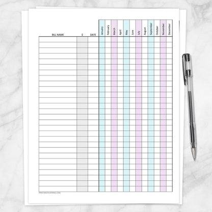 Printable Bill Payment Tracker Log with Amount Column, Turquoise Purple, Full Year at Printable Planning