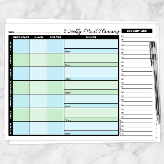 Printable Blue and Green Weekly Meal Planning Page with Grocery List at Printable Planning