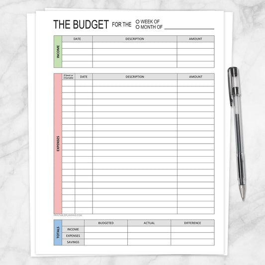 Printable Budget Worksheet - Weekly or Monthly, Green Red Blue, at Printable Planning