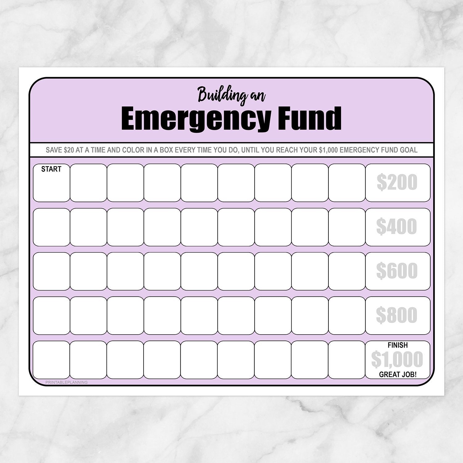 Printable Building an Emergency Fund Worksheet in Purple (by $20 increments) at Printable Planning.