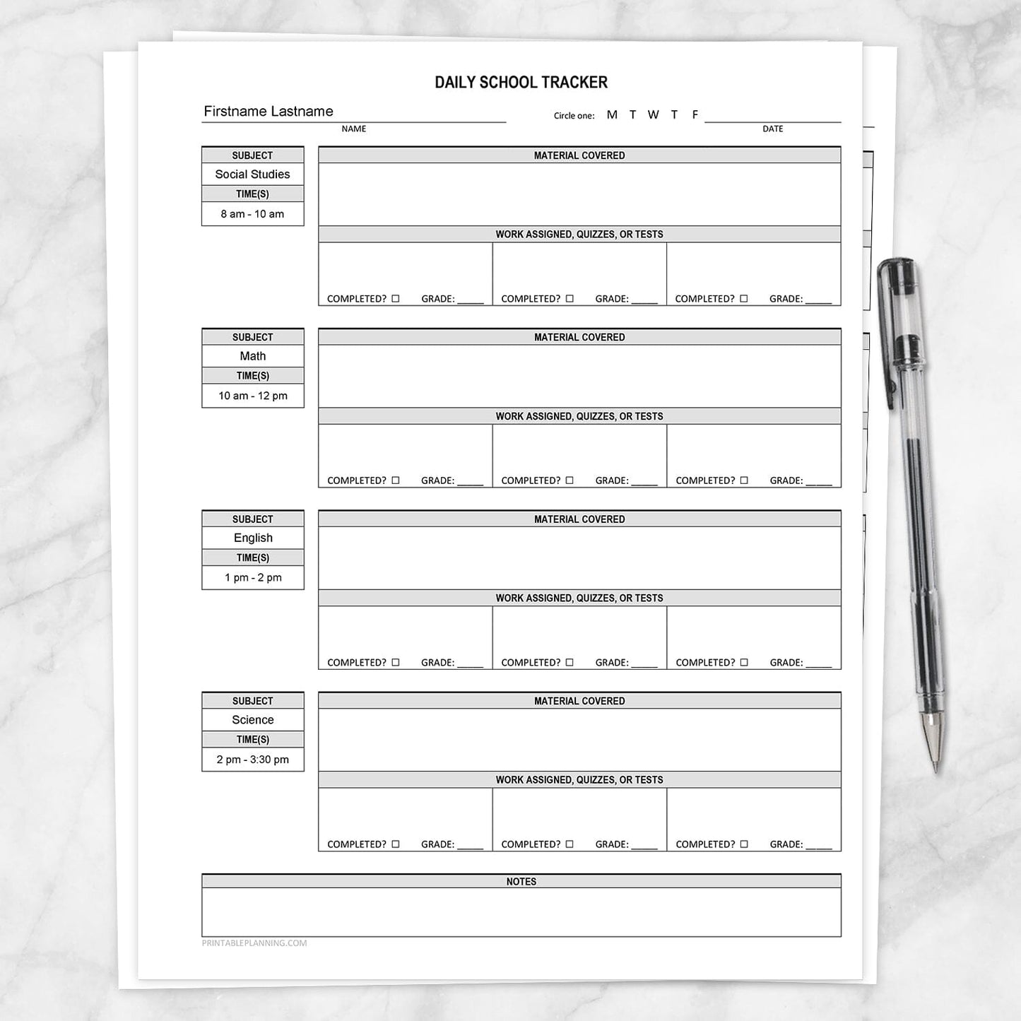 Printable Homeschooling Page, Daily School Tracker at Printable Planning