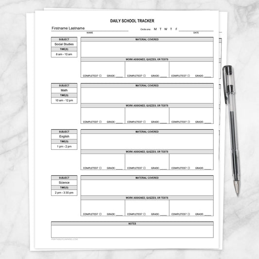 Printable Homeschooling Page, Daily School Tracker at Printable Planning