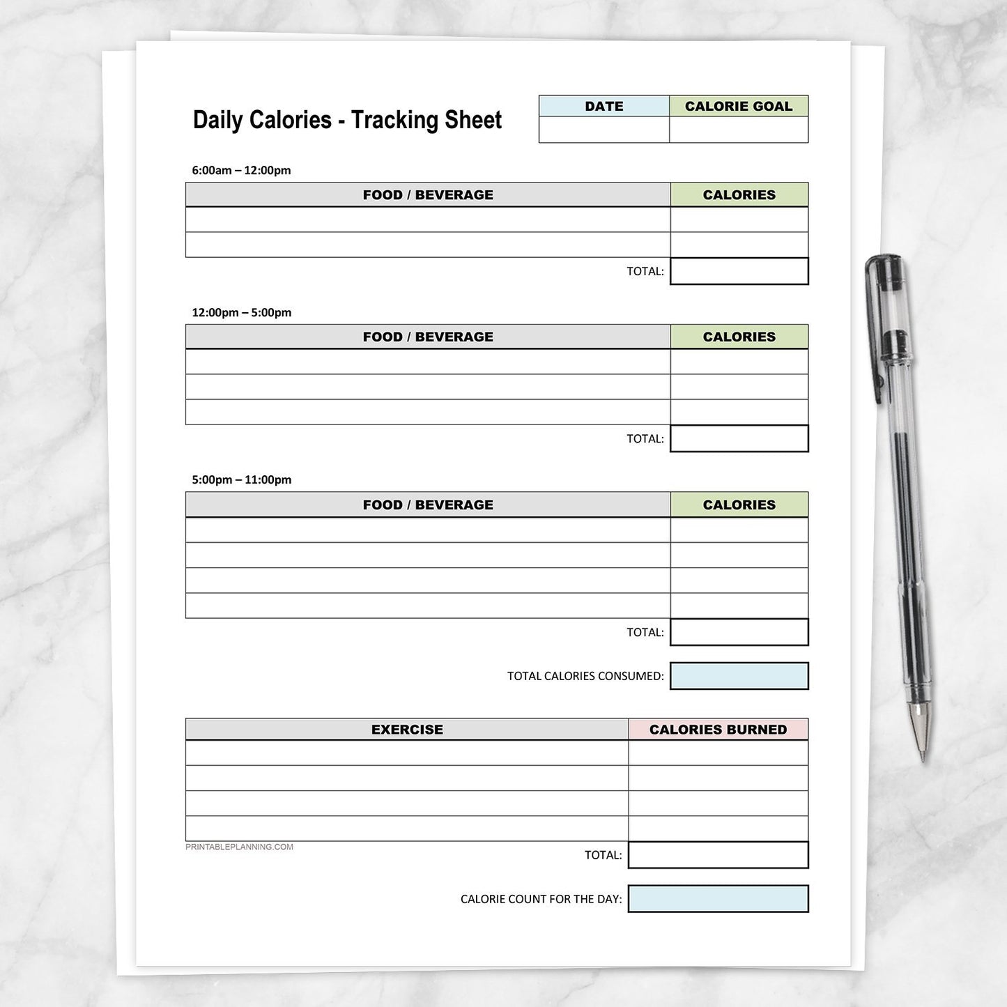 Printable Daily Calories and Exercise Tracking Sheet at Printable Planning