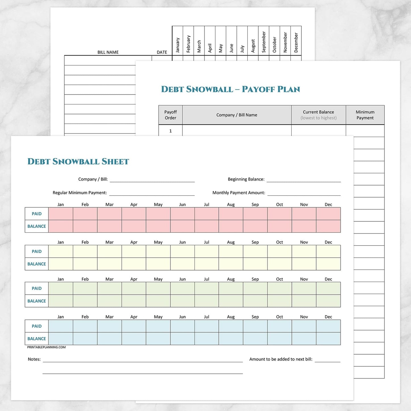 Printable Debt Snowball Sheet, Debt Payoff Plan, and Bill Payment Tracker Log - BUNDLE at Printable Planning