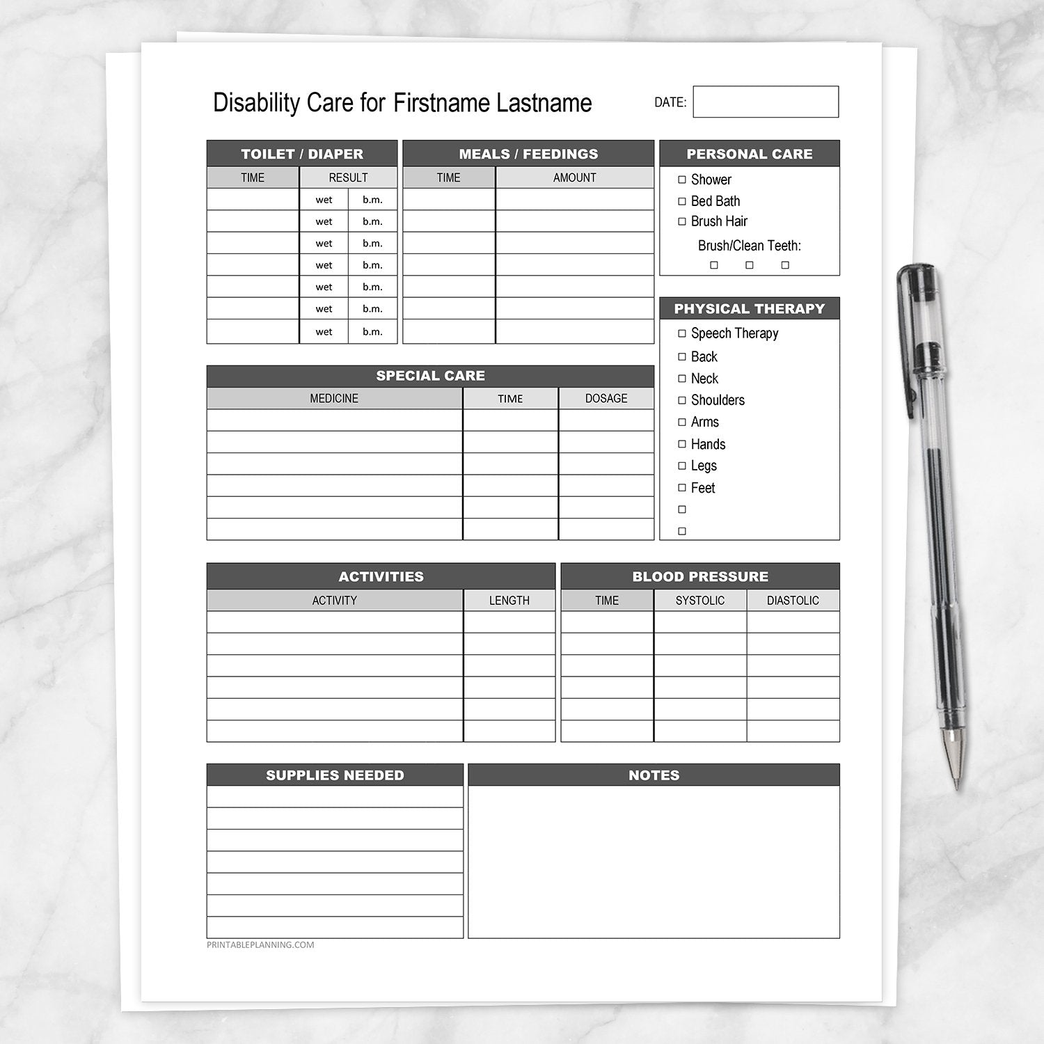 Printable Disability Care, Daily Care Sheet at Printable Planning