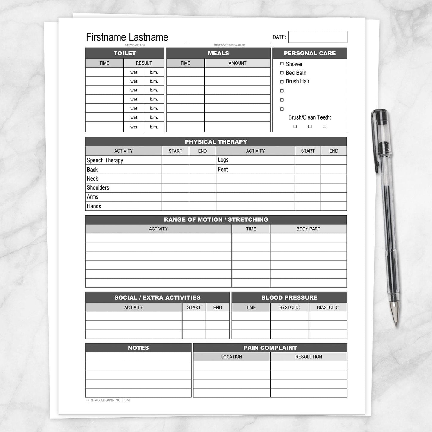 Printable Disability with Physical Therapy Daily Care Sheet at Printable Planning