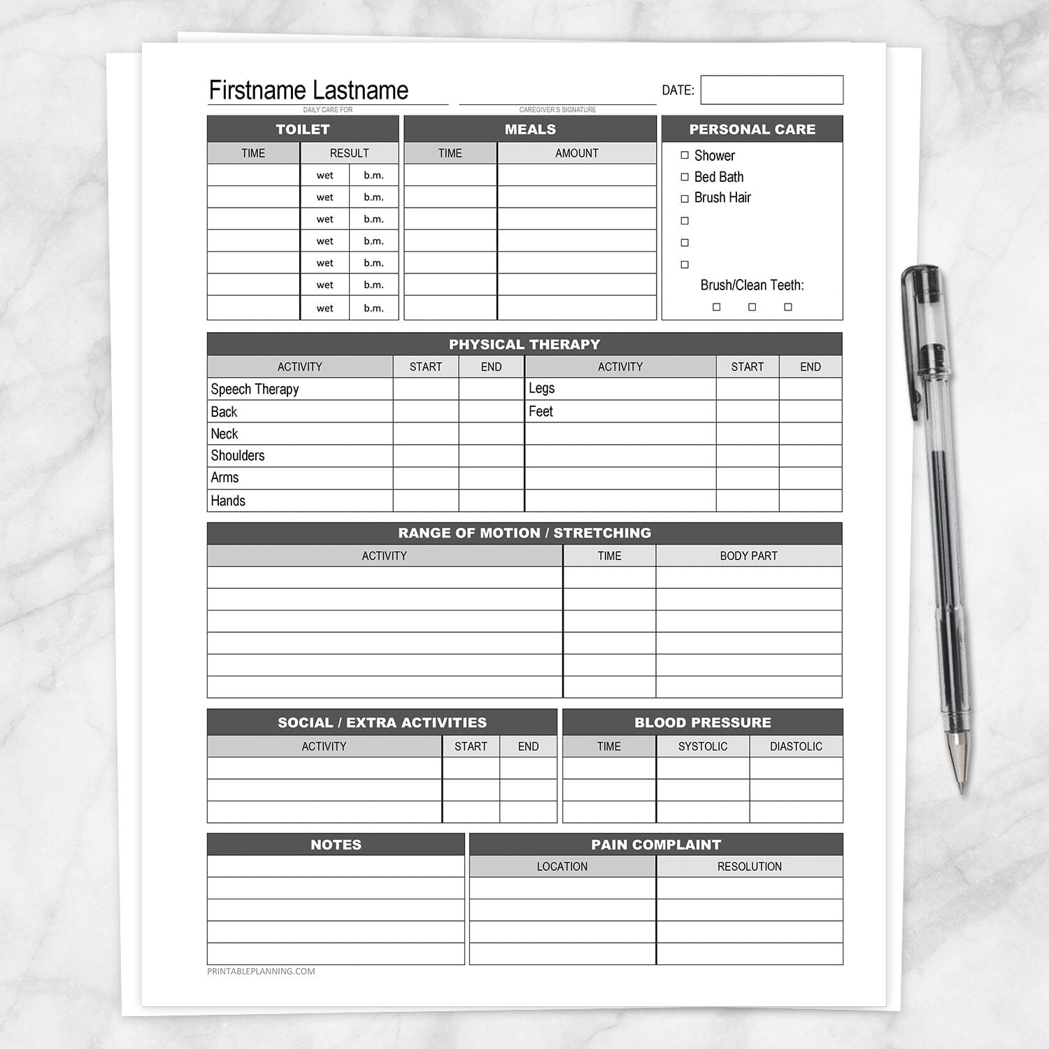 Printable Disability with Physical Therapy Daily Care Sheet at Printable Planning