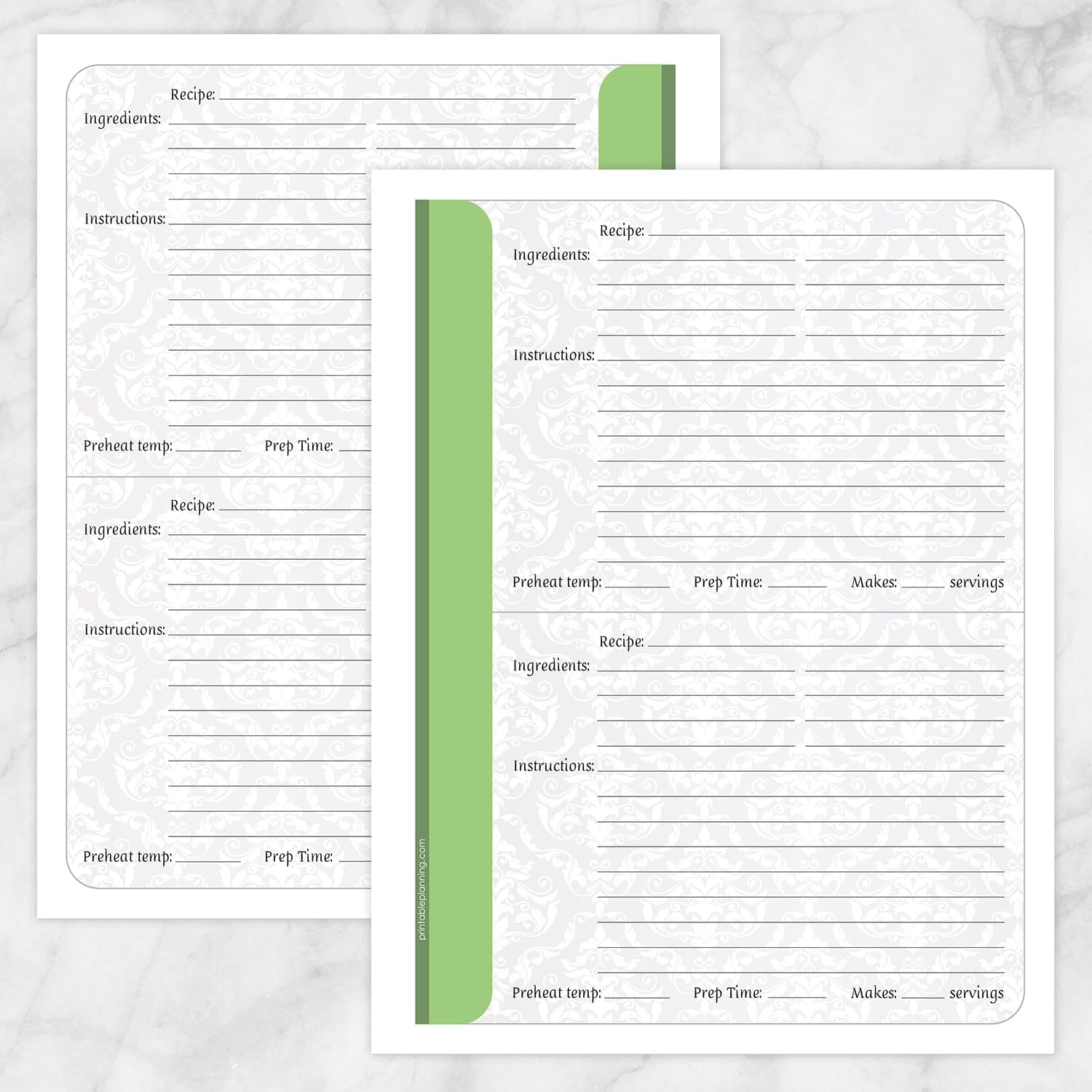 Printable Green Damask Recipe Pages at Printable Planning
