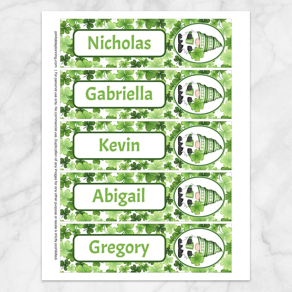 Printable Personalized Green Gnome Shamrocks Bookmarks at Printable Planning.