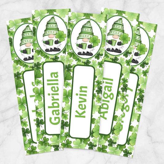 Printable Personalized Green Gnome Shamrocks Bookmarks at Printable Planning. Print five bookmarks from every printed page.