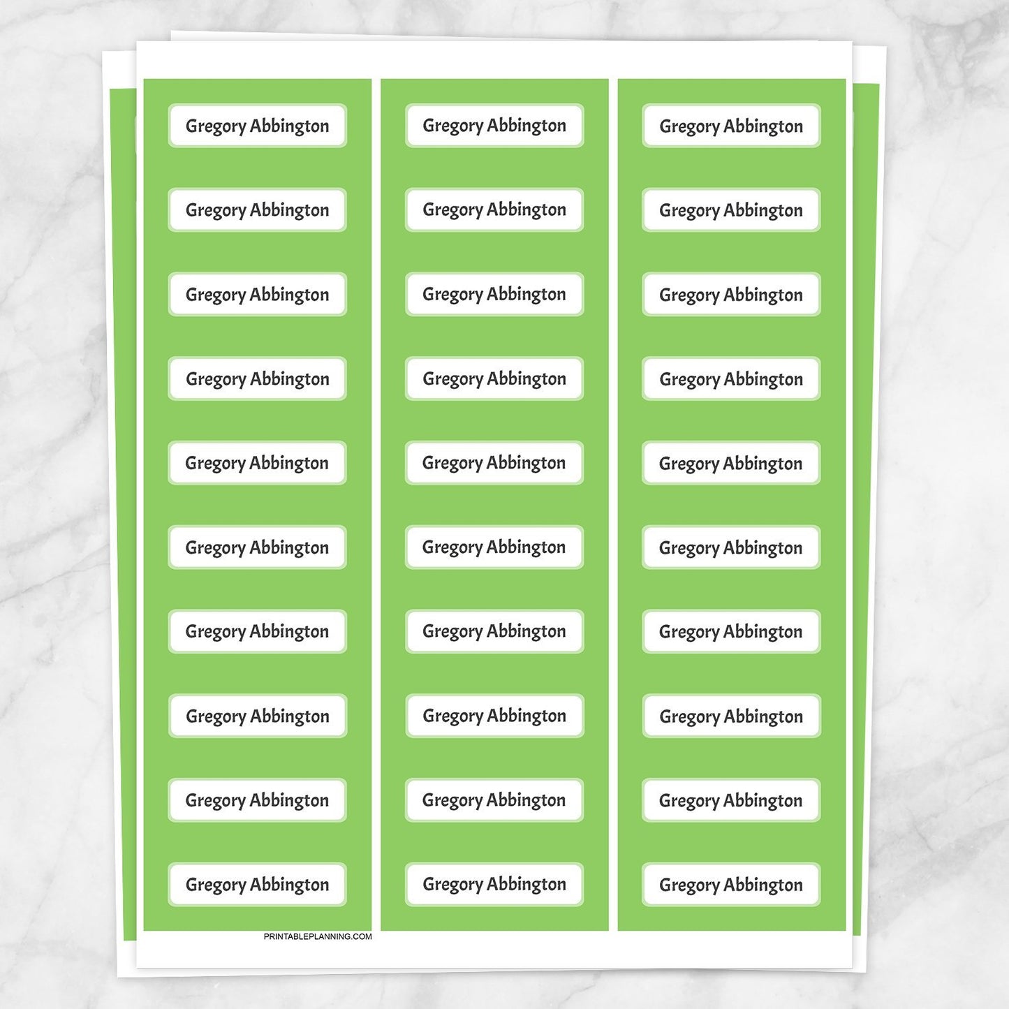 Printable Green Border Name Labels for School Supplies at Printable Planning. Sheet of 30 labels.