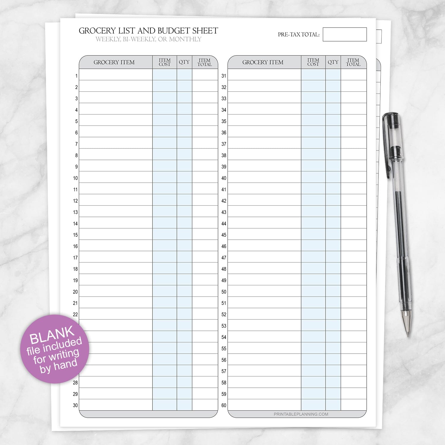 Printable Grocery Budget List and Worksheet at Printable Planning. A PDF printable grocery budget for keeping track of your food costs. Fill out by hand with pen or pencil.