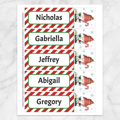Printable Personalized Holiday Candy Cane Gnome Bookmarks (5 per page) at Printable Planning.