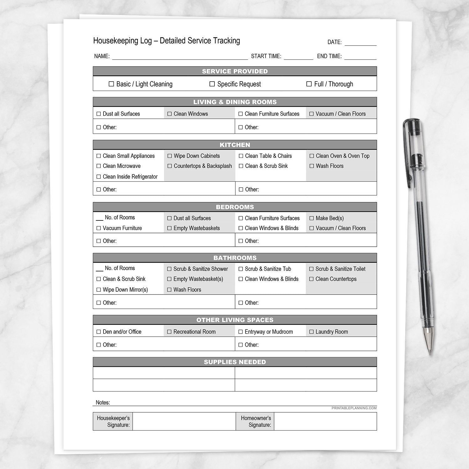Printable Housekeeping Log - Detailed Cleaning Service Tracking at Printable Planning