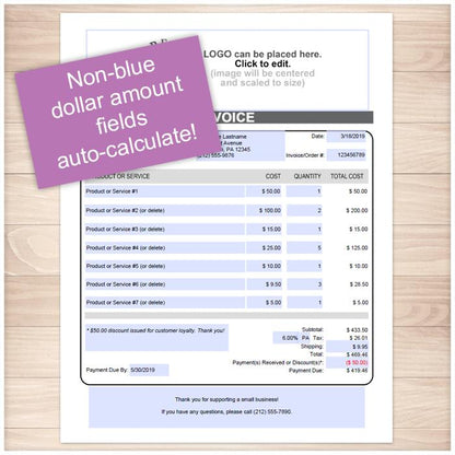Invoice with Logo and Auto-Calculating Totals - Printable, at Printable Planning