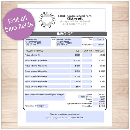 Invoice with Logo and Auto-Calculating Totals - Printable, at Printable Planning