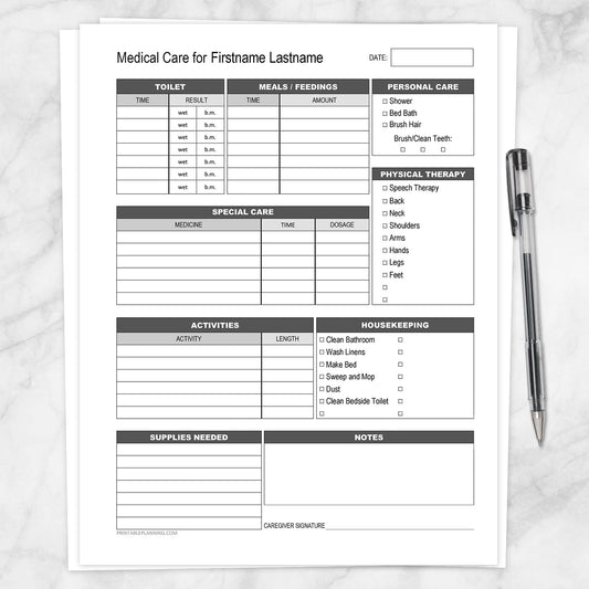 Printable Medical Care, Daily Care Sheet with Housekeeping at Printable Planning