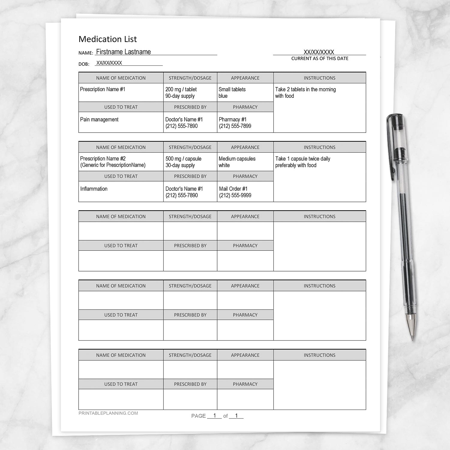 Printable Medication List (Organize Prescription Medicines) at Printable Planning