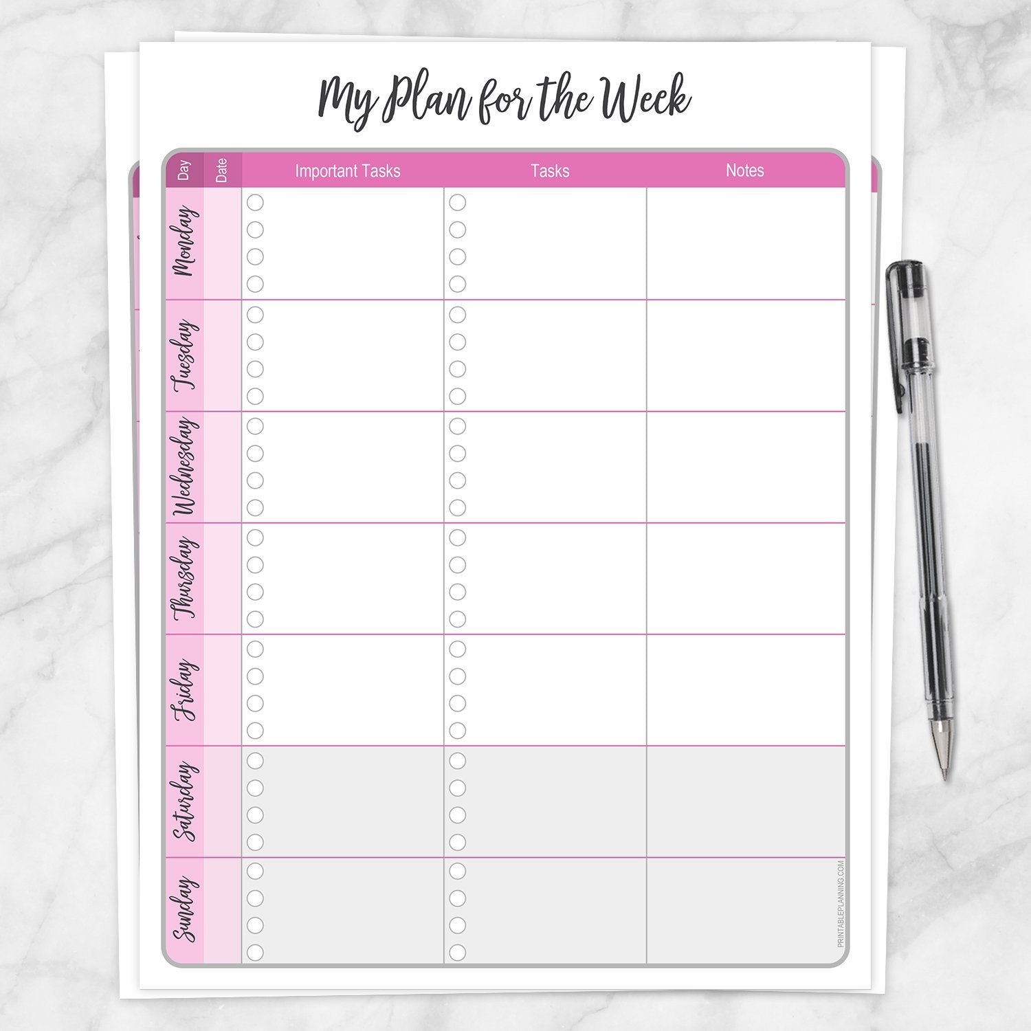 Printable My Plan for the Week, Pink Weekly Planner Page at Printable Planning