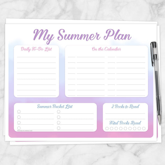 Printable My Summer Plan, Watercolor Planner Page in Pink Purple Blue at Printable Planning