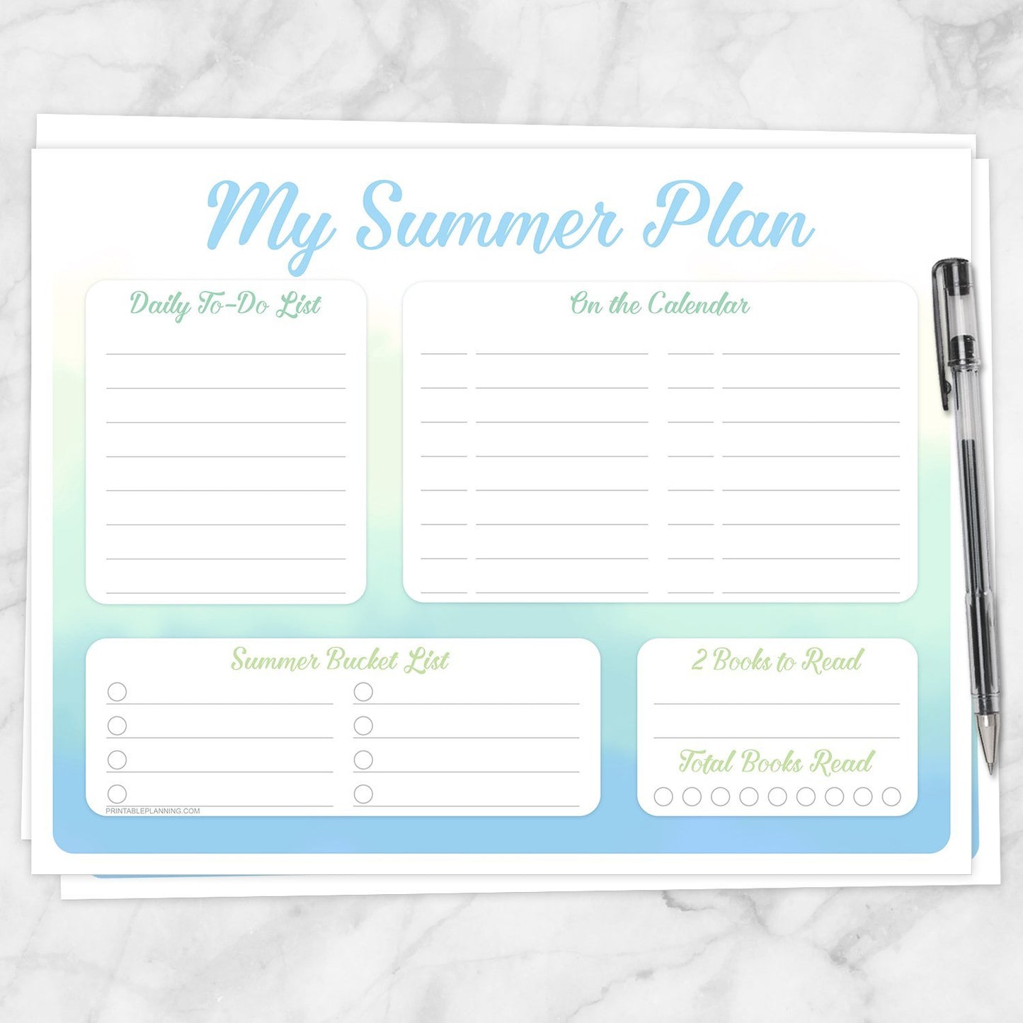Printable My Summer Plan, Watercolor Planner Page in Blue Green Yellow at Printable Planning