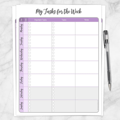 The printable Purple Weekly Task Planner with Priorities, Checklists & Notes page shown on a marble surface.